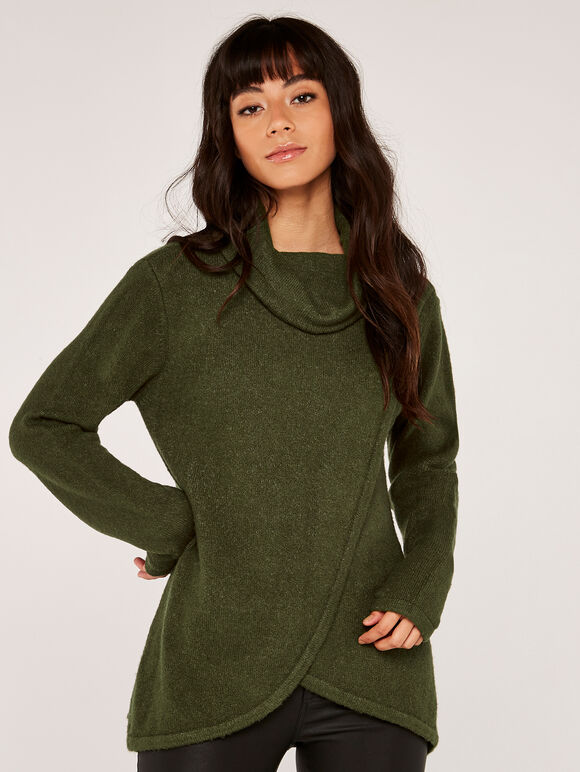 Roll Neck Wrap Jumper, Khaki, large