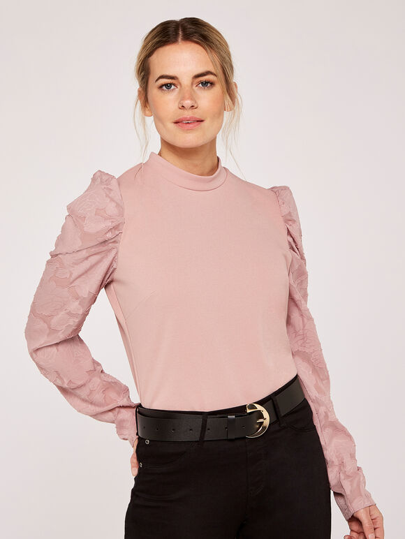 Sheer Puff Sleeve Mock Neck Top, Pink, large