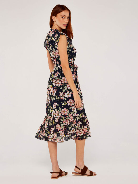 Smock Det Soft Floral Midi Dress, Navy, large