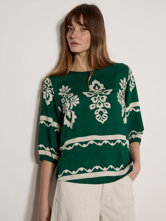 Folk Floral Blouse, Green, large