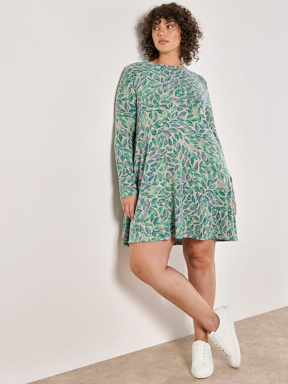 Curve Batik Leaf Soft Knit Mini Dress, Grey, large