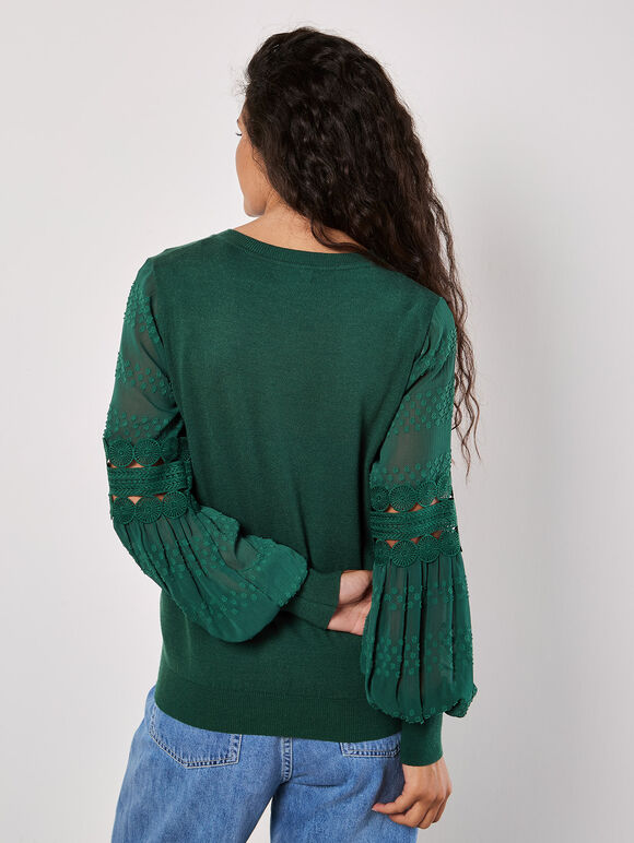 Contrast Chiffon Sleeves Jumper, Green, large