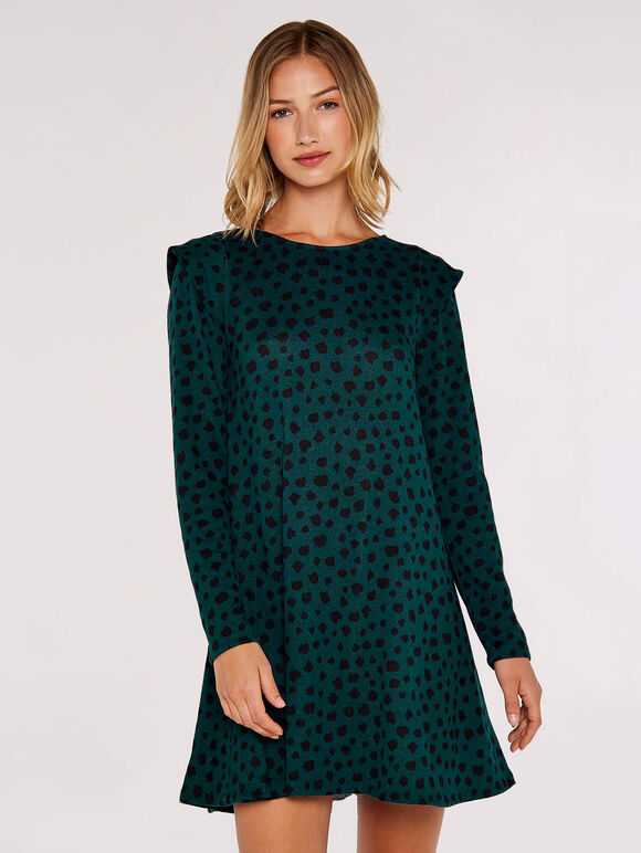 Textured  Flare Shoulder Dress, Green, large