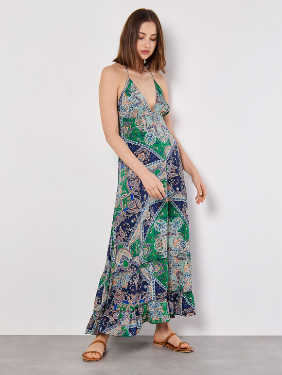 Maxikleid aus Satin mit Schal-Print, Marineblau, Größe L