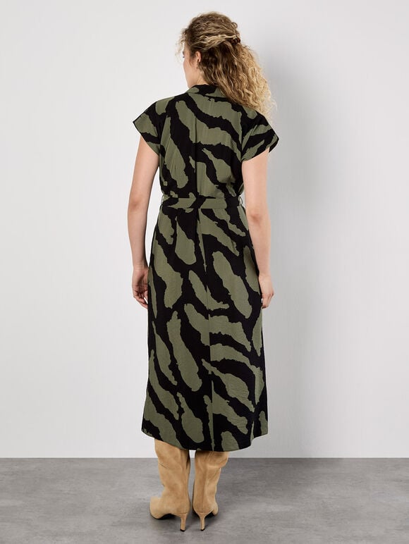 Zebra Print Shirt Midi Dress, Khaki, large