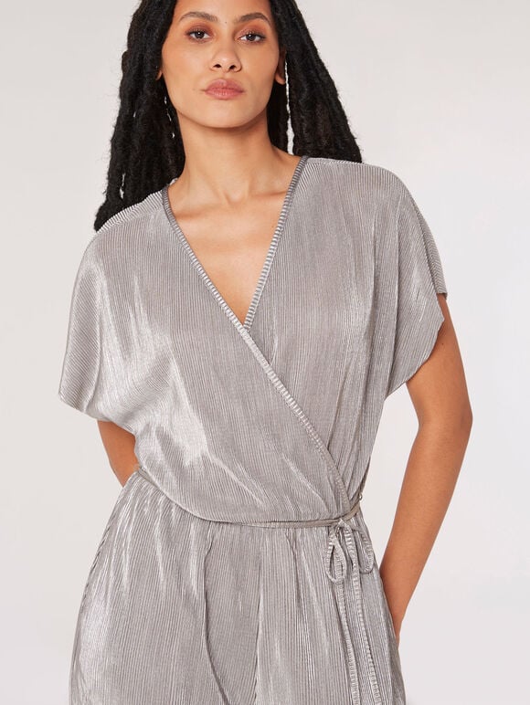 Plisse Metallic Jumpsuit, Silver, large