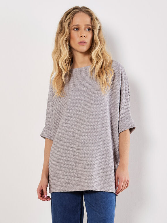 Textured Cable Knit Batwing Oversized Top, Grey, large