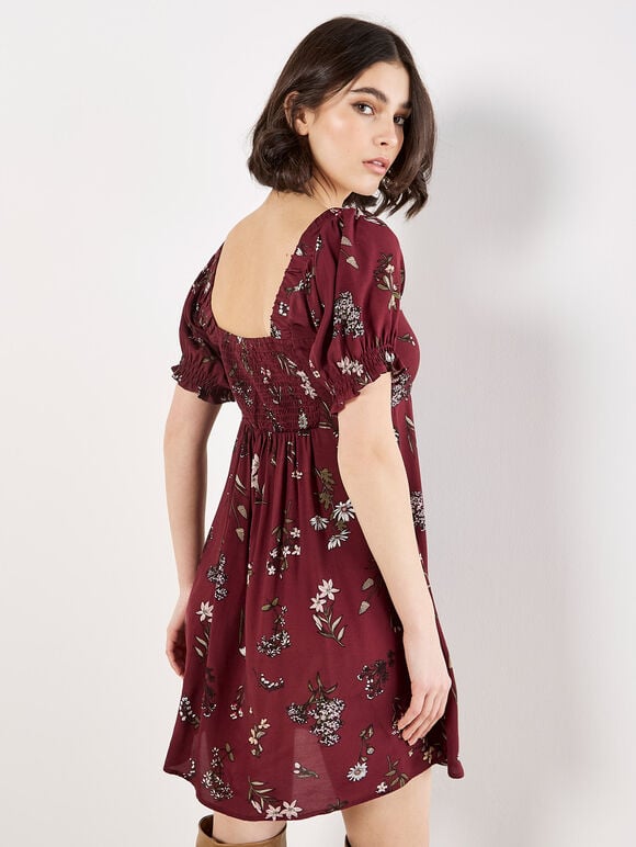 Botanical Floral Smocked Mini Dress, Burgundy, large
