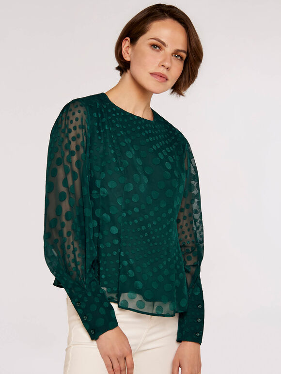 Jacquard Dot Chiffon Blouse, Green, large