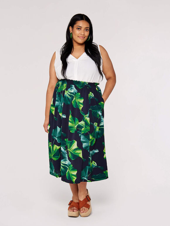 Curve Leaf Midi Skirt, Navy, large