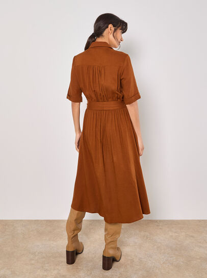 Linen Blend Utility Shirt Midi Dress