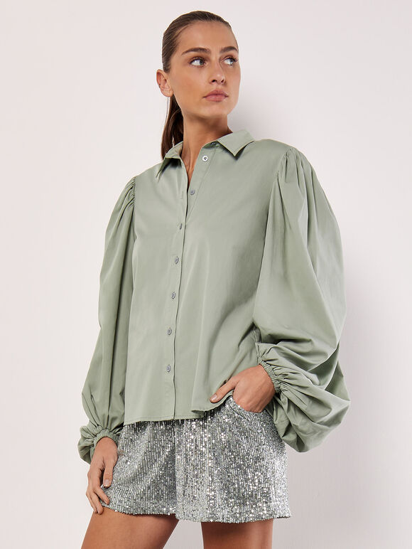 Baumwoll-Modal-Hemd mit Statement-Ärmeln, Mintgrün, Größe L