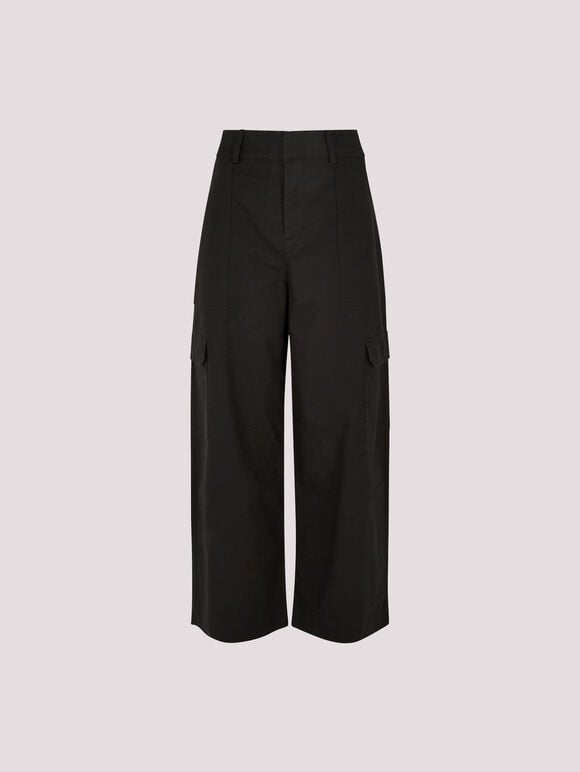 Wide Leg Cotton Cargo Trousers, Black, large