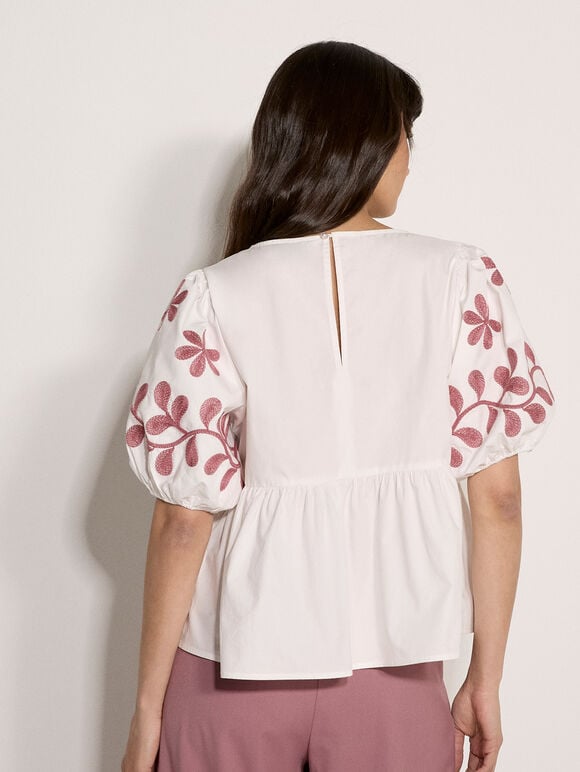 Floral Embroidered Peplum Top, Cream, large