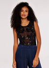 Sequin Mirror Mesh Bodysuit, Black, large