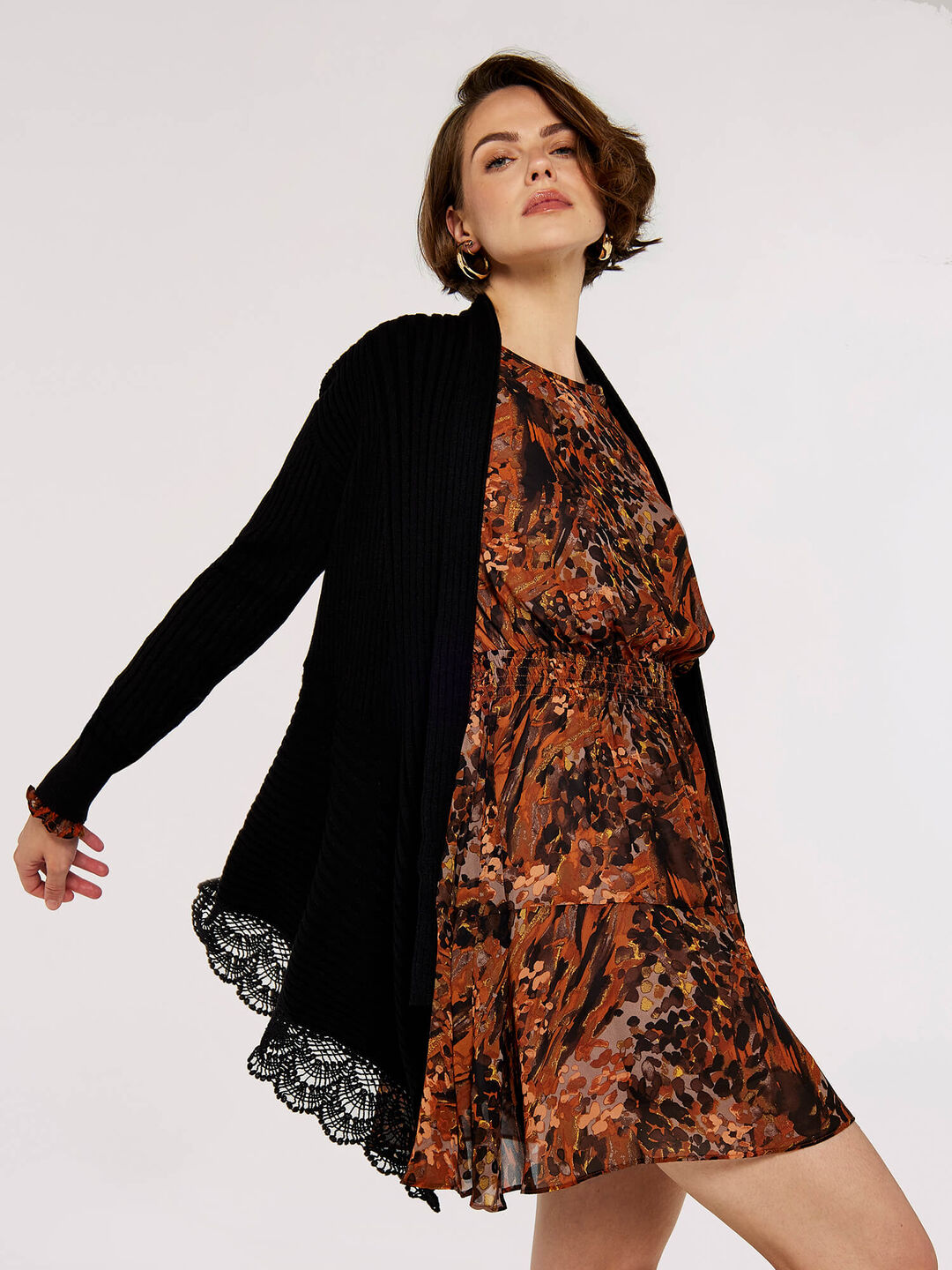 Waterfall Crochet Trim Ribbed Cardigan