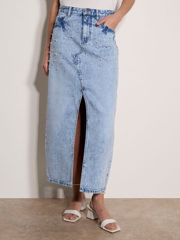 Amara Pearl Embellished Denim Midi Skirt, Sky Blue, large