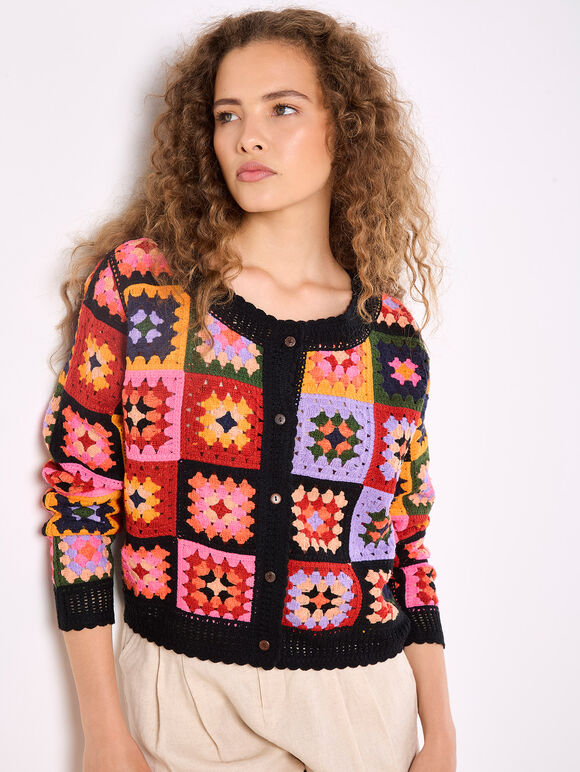 Colourful Crochet Squares Cardigan, Black, large