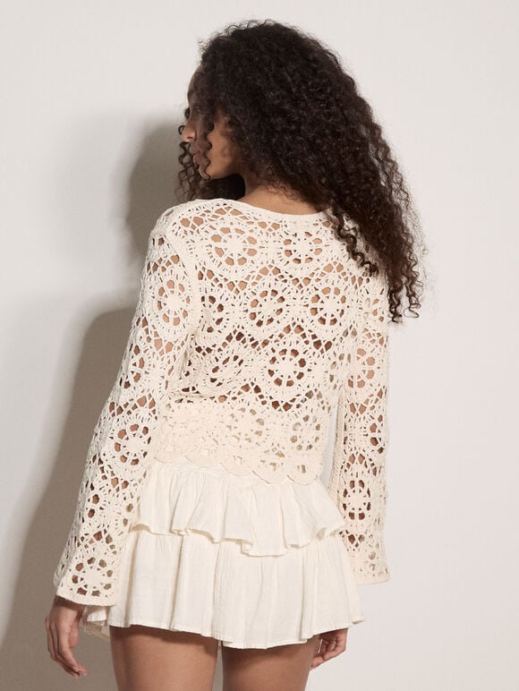 Boho Floral Cotton Crochet Top, Stone, large