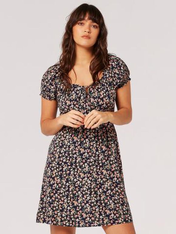 Ditsy Floral Milkmaid Mini Dress, Navy, large