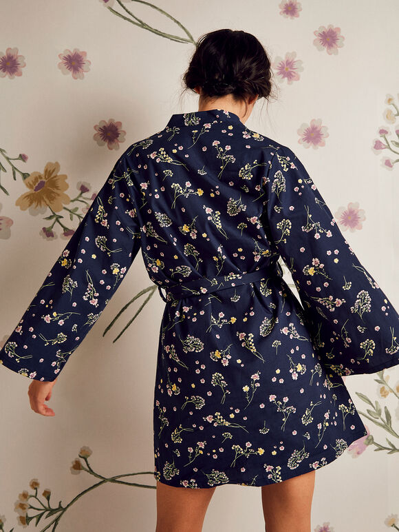 Botanical Print Tie Waist Kimono, Navy, large