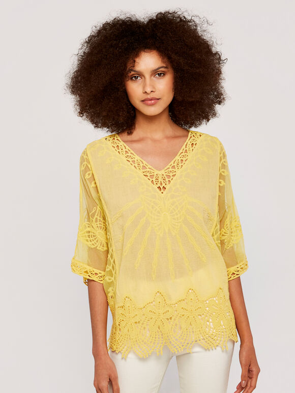 Crochet V Neck Top, Yellow, large