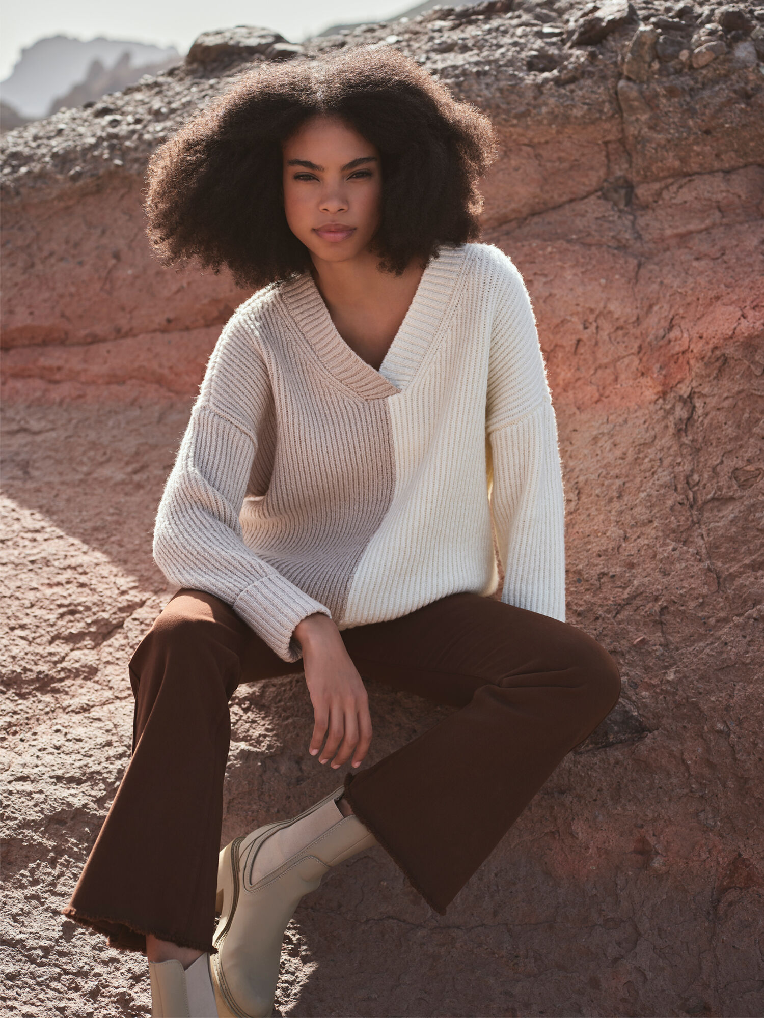Two Tone Colour Block Jumper Apricot Clothing