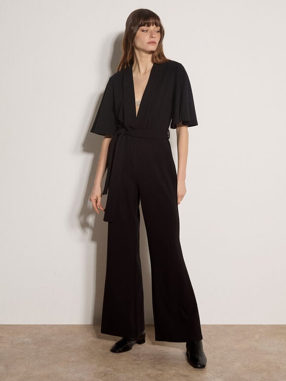 Jersey Crepe Straight-Leg Jumpsuit, Black, large