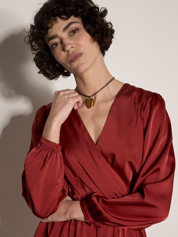 Satin Wrap Mini Dress, Burgundy, large