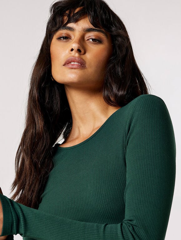 Ribbed Knit Crop Top, Green, large