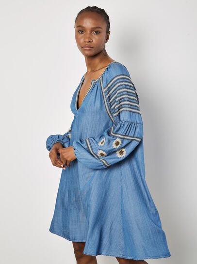 Aztec Embroidered Denim Mini Dress