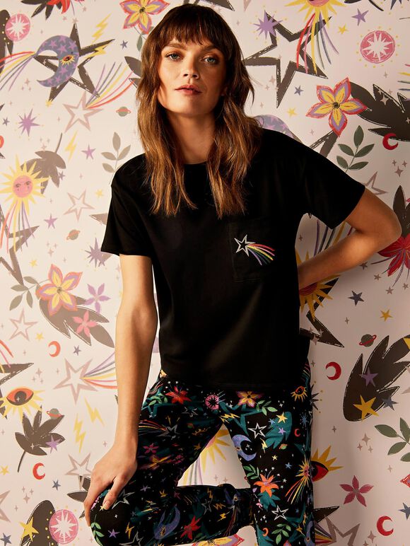 Black Colourful Pyjama Set, , large