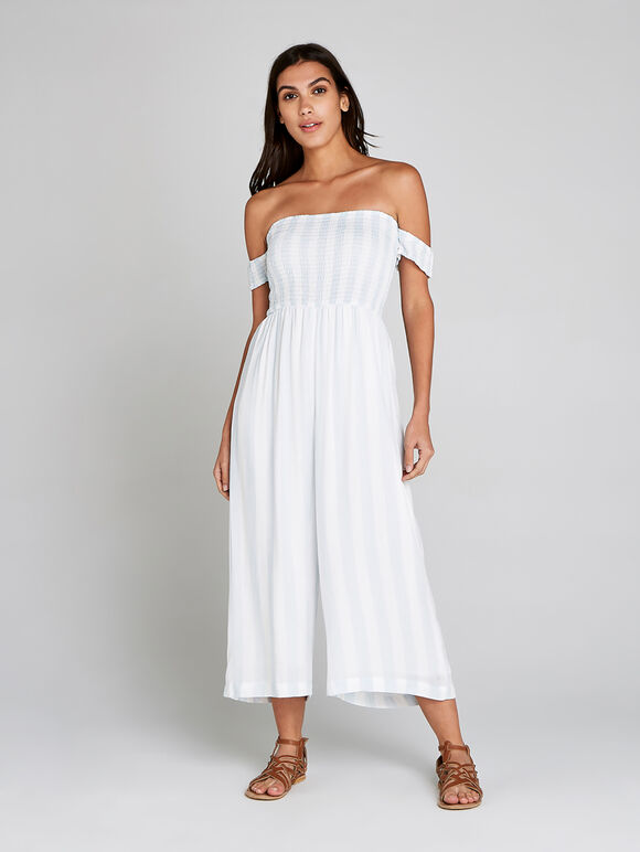 Stripe Bardot Smock Jumpsuit, Blue, large