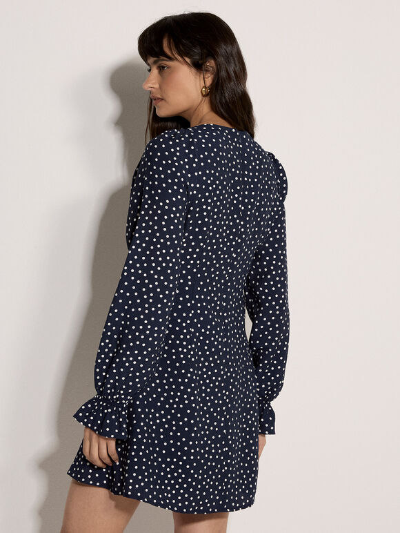 Polka Dot Milkmaid Mini Dress, Navy, large