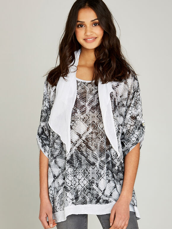 Cream Geo Snakeskin Sequin Scarf Top, Cream, large
