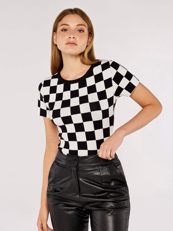 Chequered  Knit Top, Cream, large
