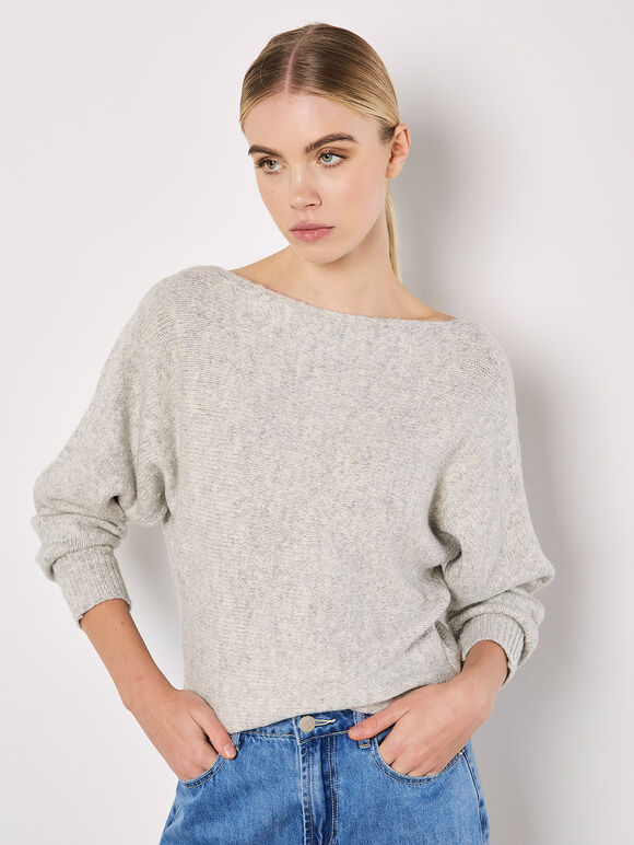 Boat Neck Batwing Jumper, Grey, large