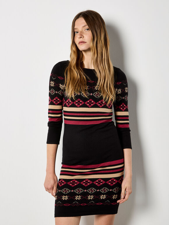 Folk Pattern Stripe Knitted Mini Dress, Black, large