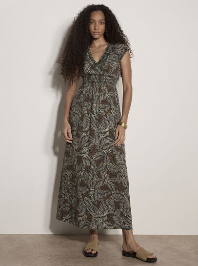 Rustic Leaf Print Smocked Maxi Dress