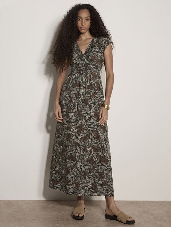 Rustic Leaf Print Smocked Maxi Dress, Green, large