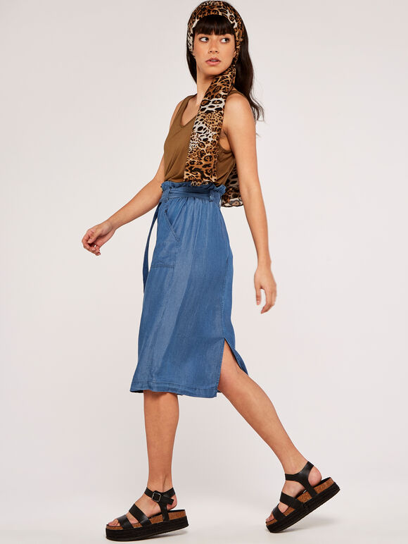 Denim Paperbag Button Through Midi Skirt, Blue, large