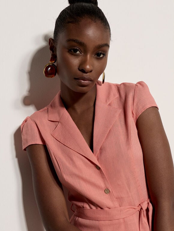 Linen Blend Shirt Mini Dress, Coral, large