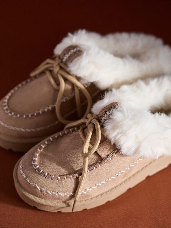 Sherpa-Lined Slip-On Moccasins, Stone, large