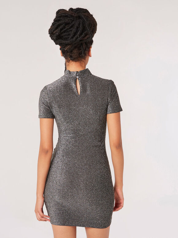 Sparkle Ruched Wrap Mini Dress, Silver, large