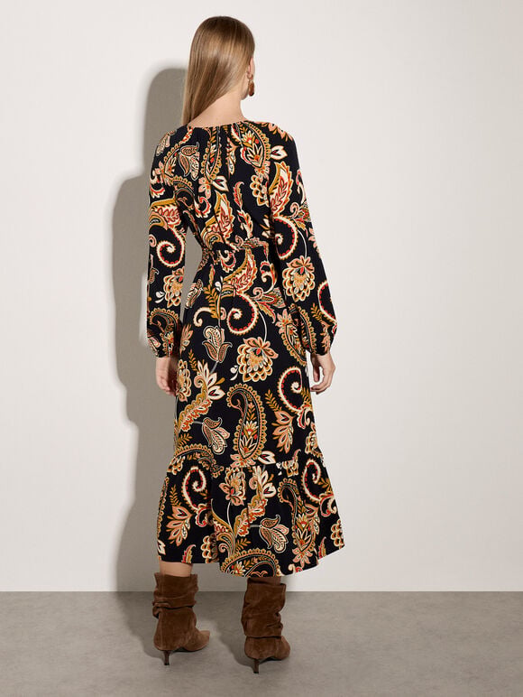 Crepe Folk Floral Midi Dress, Black, large