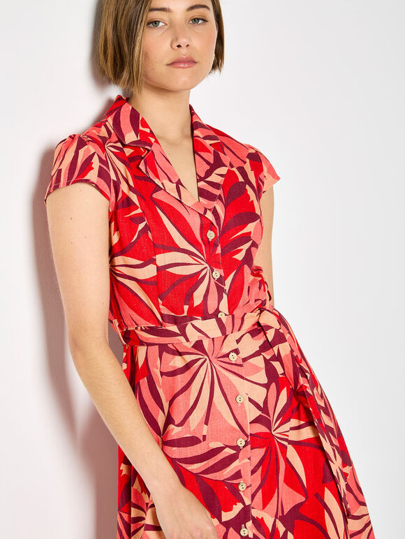 Tropical Leaf Shirt Mini Dress, Red, large