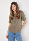 Linen Blend Short Sleeve Shirt, Khaki, large