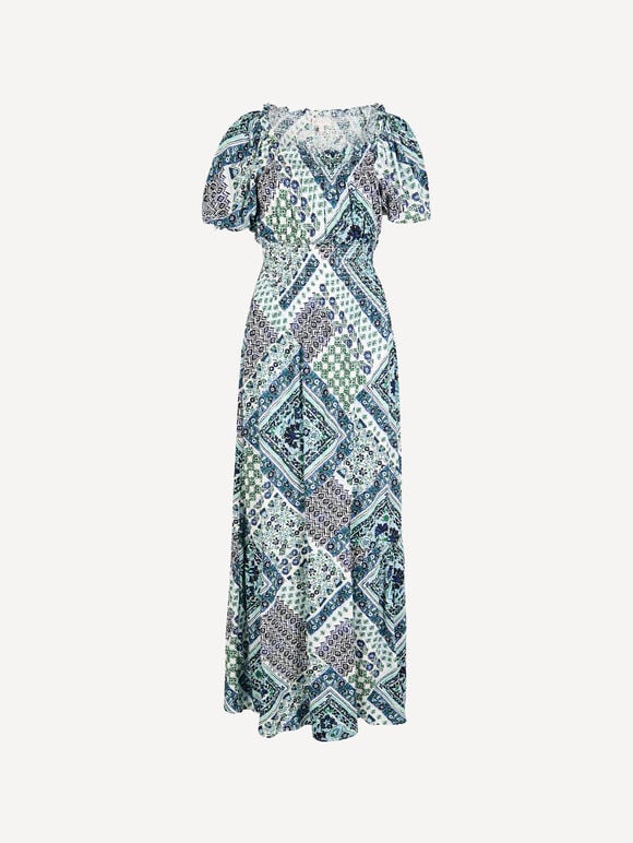Boho Folk Print Maxi Dress, Blue, large