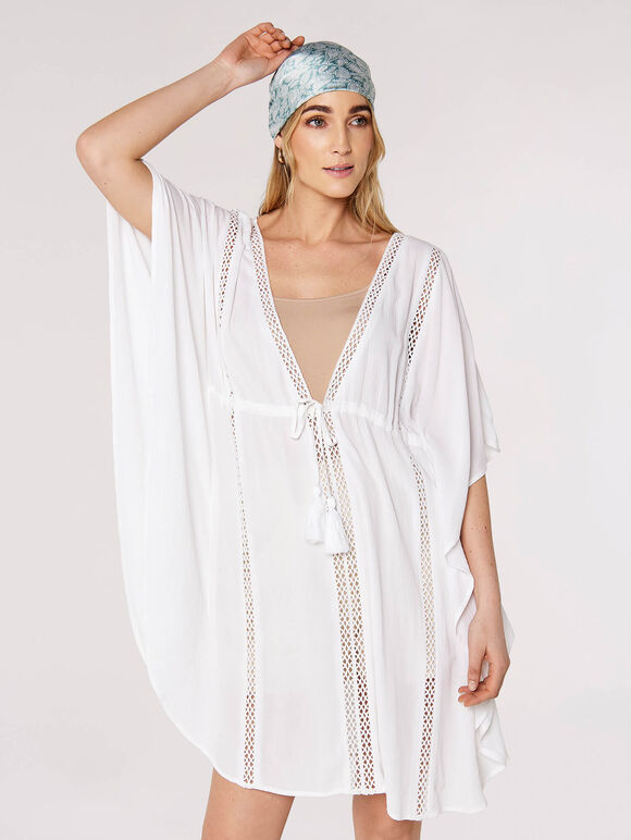 Kimono mit Häkelbesatz, Creme, groß