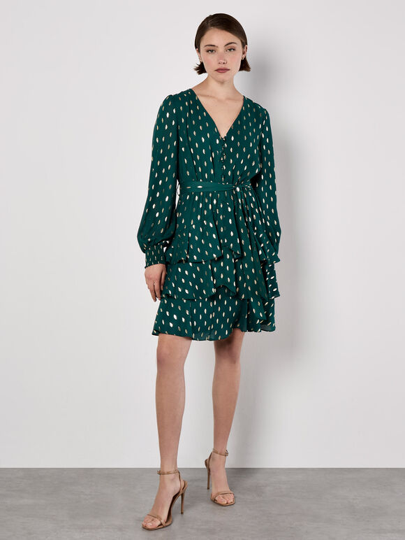 Gold Foil Spot Tiered Mini Dress, Green, large